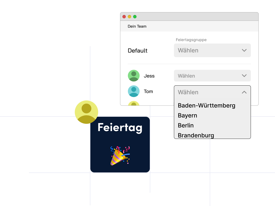 Benutzeroberfläche mit der Überschrift Dein Team und Dropdown-Menüs zur Auswahl von Feiertagsgruppen für Teammitglieder. Ein Dropdown-Menü zeigt eine Liste deutscher Bundesländer zur Auswahl. Darunter ist ein Symbol mit der Beschriftung Feiertag und einem Party-Emoji.