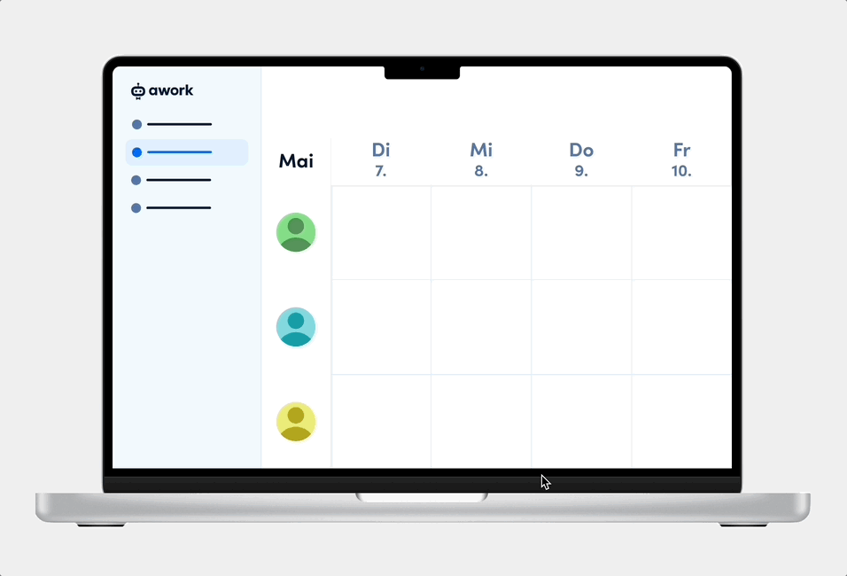 Gif das den Ablauf visualisiert die Kapazitätsplanung in awork mit dem Plugin mit wenigen Clicks vorzunehmen. Das Interface wird in einem Mockup eines Macbooks gezeigt